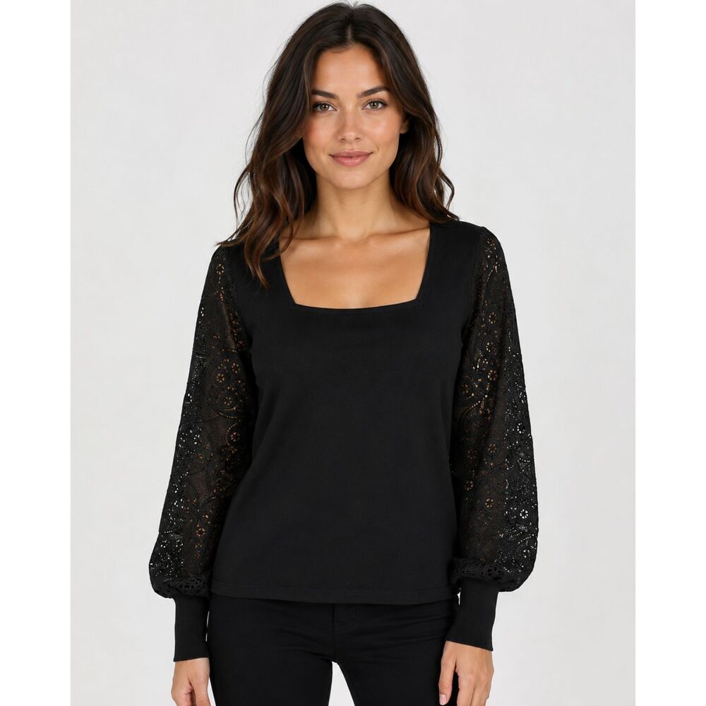 Halston Black Lace Sleeve Knit Top Balloon Sleeve Square Neck L
